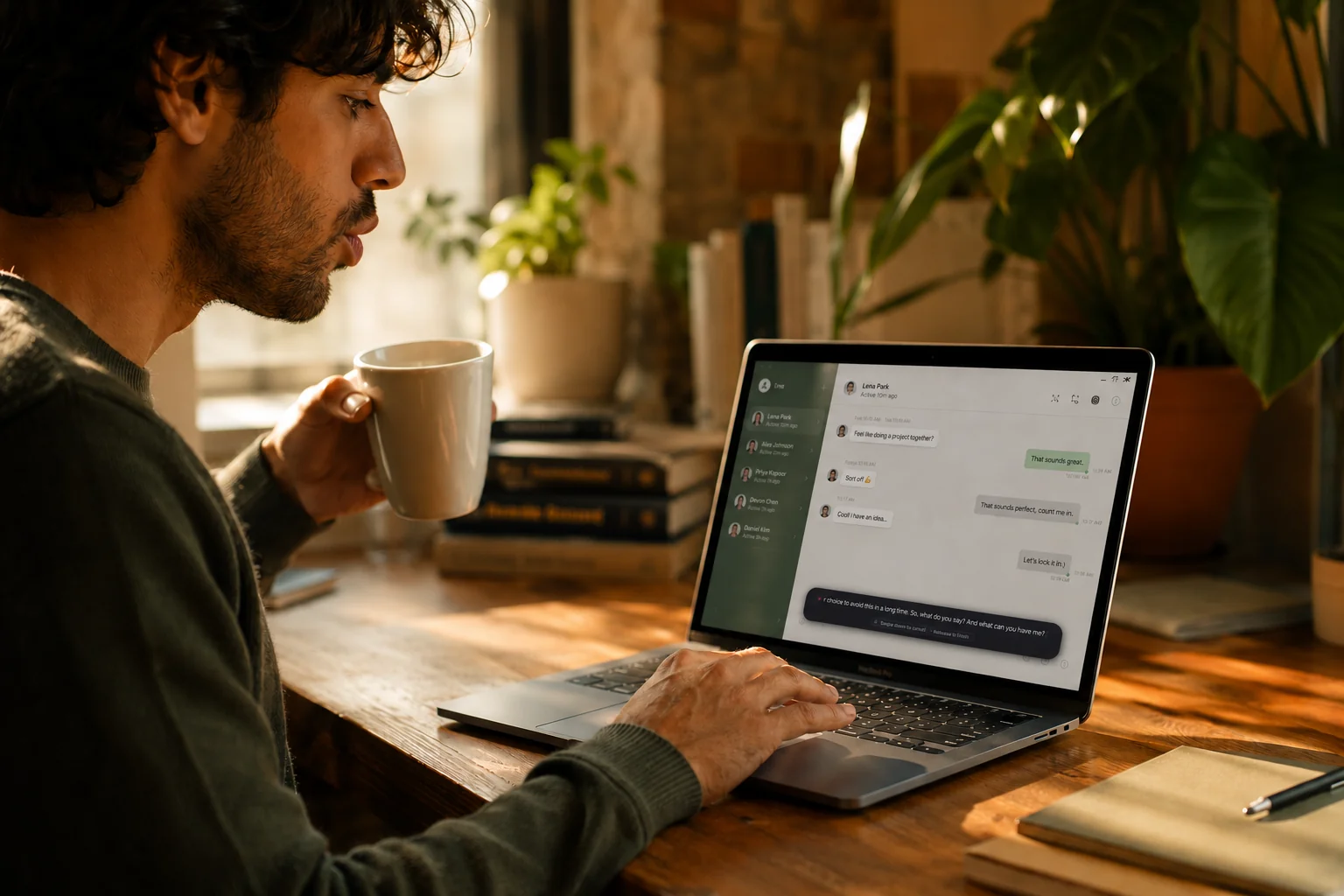 A man holds his coffee in one hand while his other rests on the laptop — the screen shows a chat conversation flowing, captured by HushType without him putting the cup down.