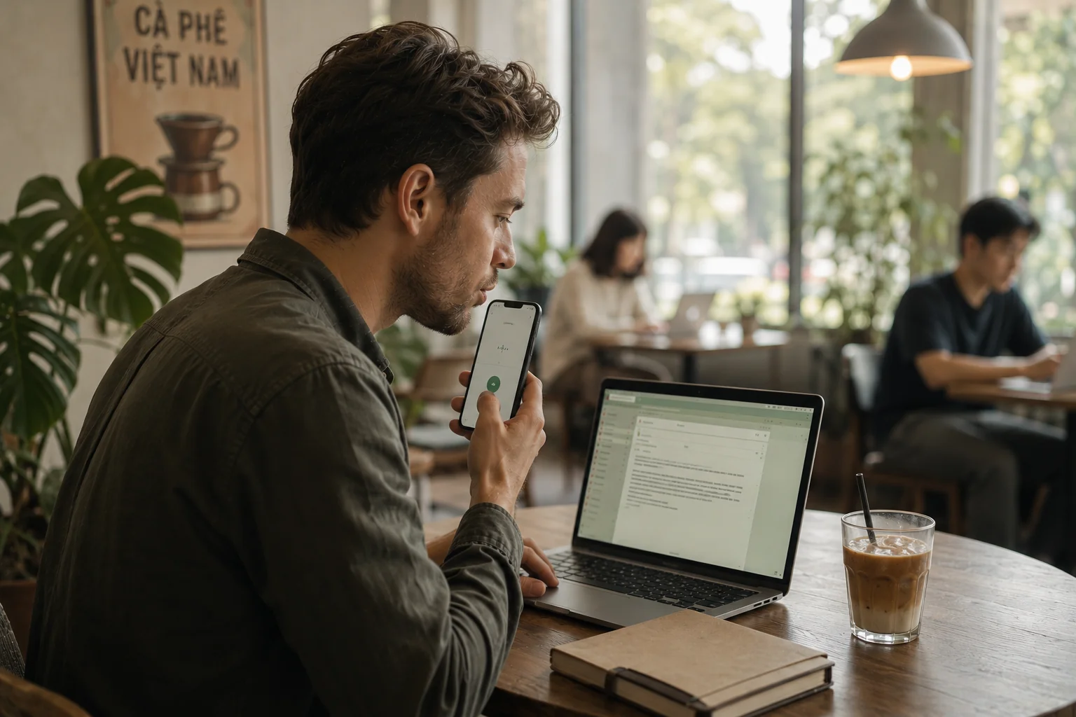 A man in a busy café whispers into his phone while strangers chat behind him — his laptop screen shows the words appearing cleanly through the noise.